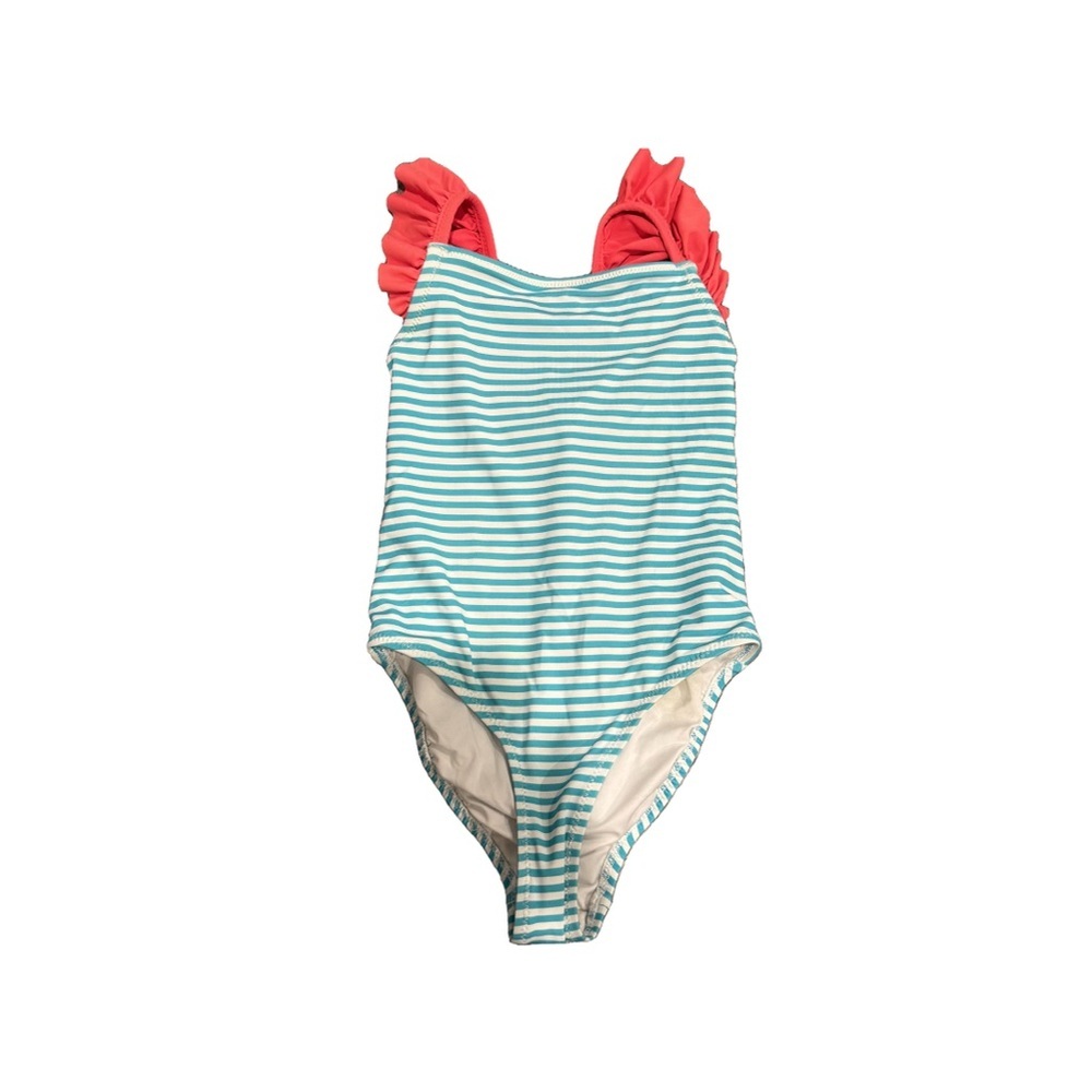 • Jacadi Paris • Girls Striped Ruffle One Piece Swimsuit
Blue & White Orange 4